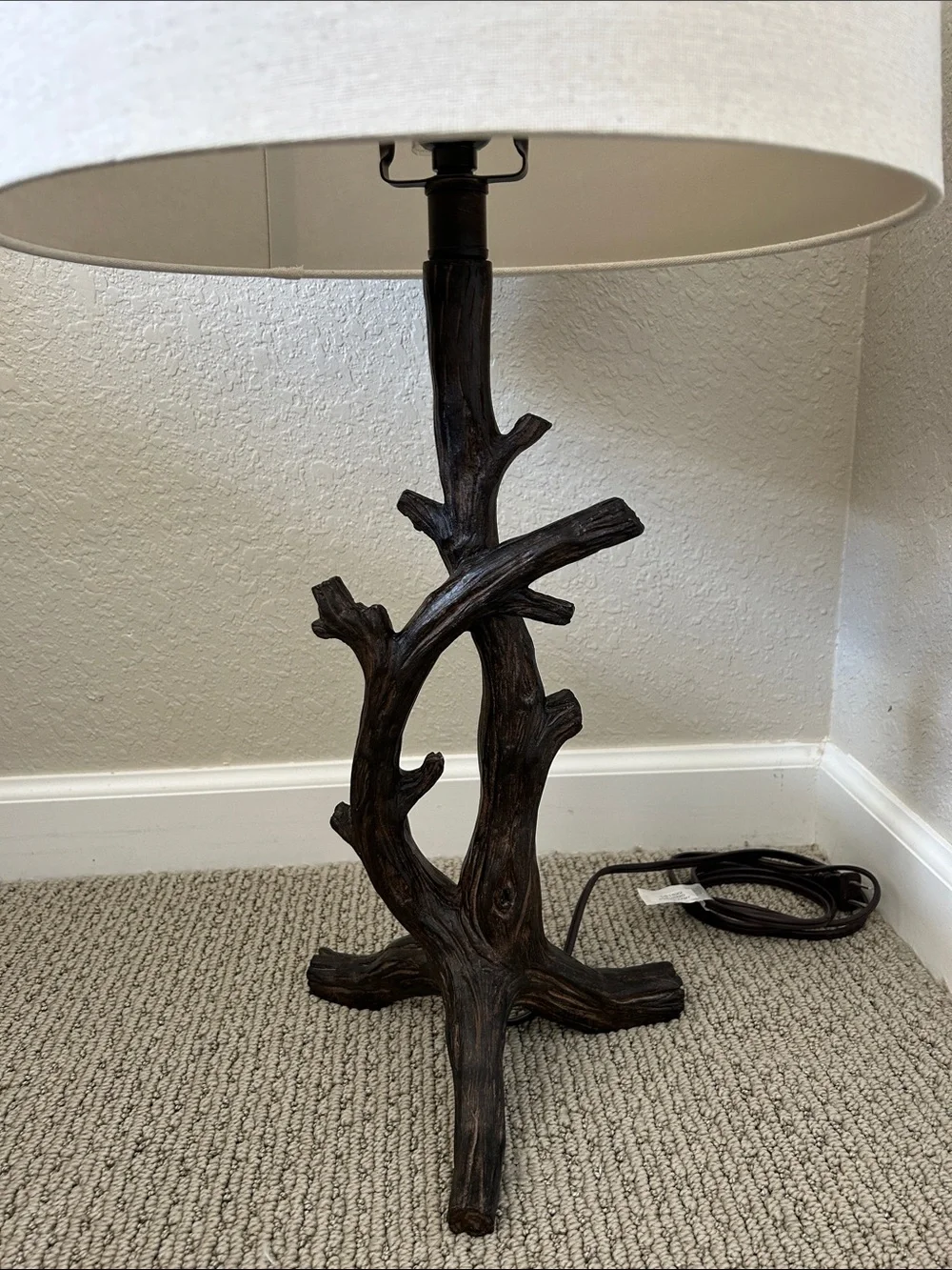 Neutral Oatmeal/ Light Sand Drum Shade Table Lamp with Dark Wood Branch Base